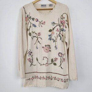 VTG Womens Cream Embroidered Floral Knit Top 100% Cotton Grannycore Cottagecore